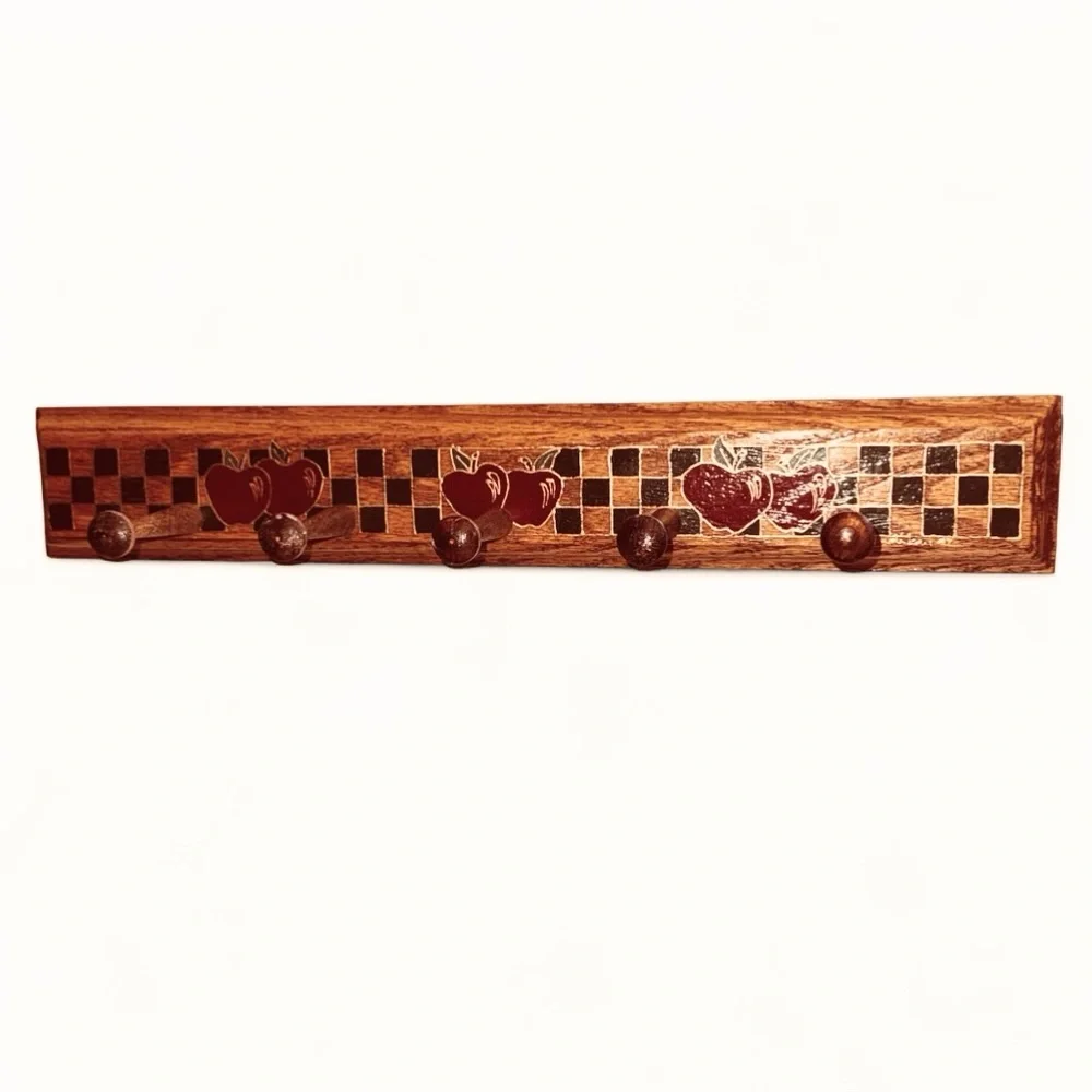 Vintage Wooden Wall Coat Rack Hand Painted Apple Checker Farmhouse Cottagecore